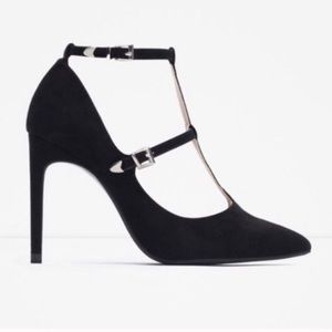 💄Zara Black Double T-Strap Stiletto Pointed Heels